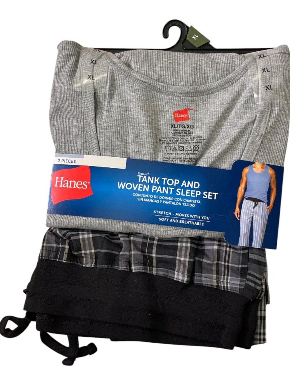 Men's Tank Top and Woven Pant Sleep Set, Hanes, XL, Gray & Black, NWT